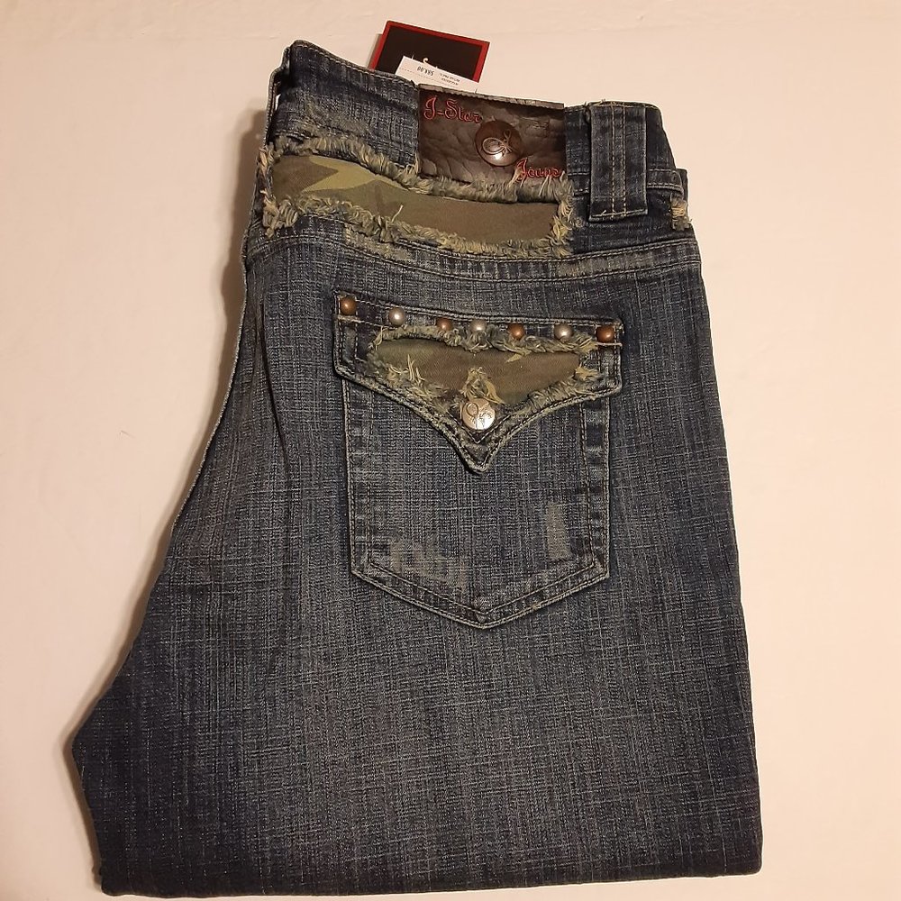 J Star Women's Camo Patched Studded Flare Leg Raw Hem Jeans Size 13/14 NWT
